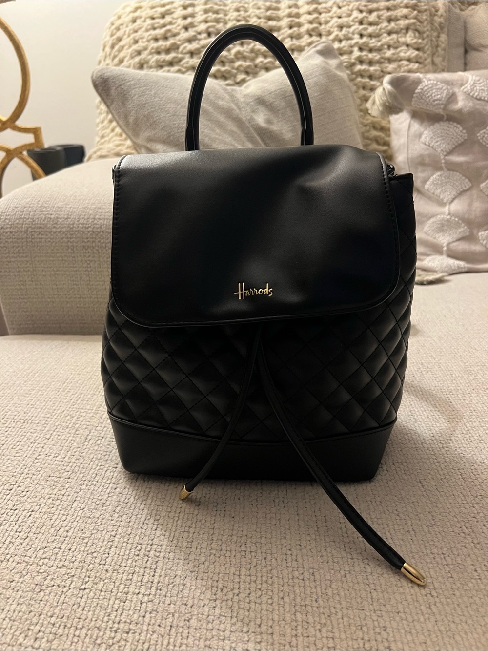 Harrods Black Quilted Backpack Gold Hardware